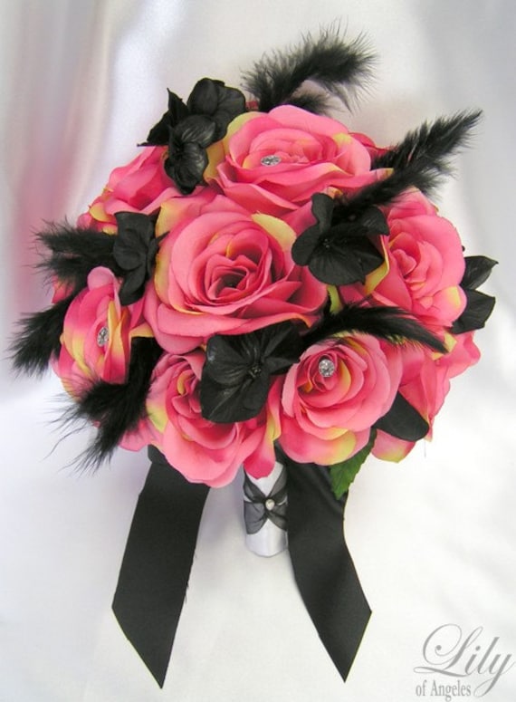 17 Pieces Package Silk Flower Wedding Decoration Bridal Bouquet Fuchsia Black Feather "Lily Of Angeles"