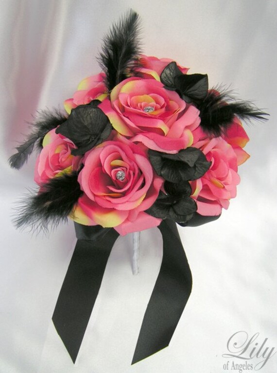 17 Pieces Package Silk Flower Wedding Decoration Bridal Bouquet Fuchsia Black Feather "Lily Of Angeles"