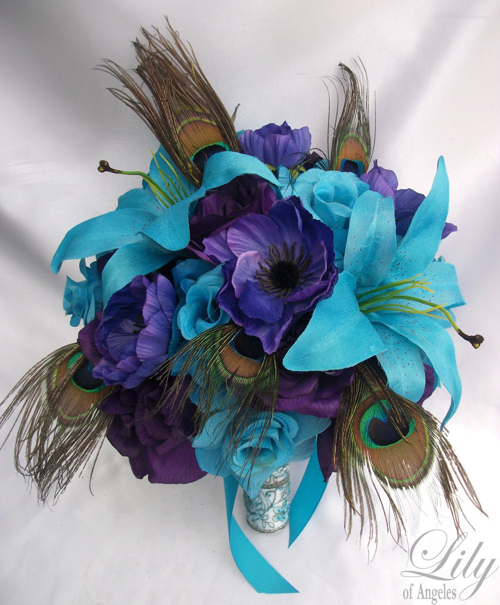 17 pieces Wedding Bridal Bouquet Flower Decoration PEACOCK Feathers PURPLE TURQUOISE