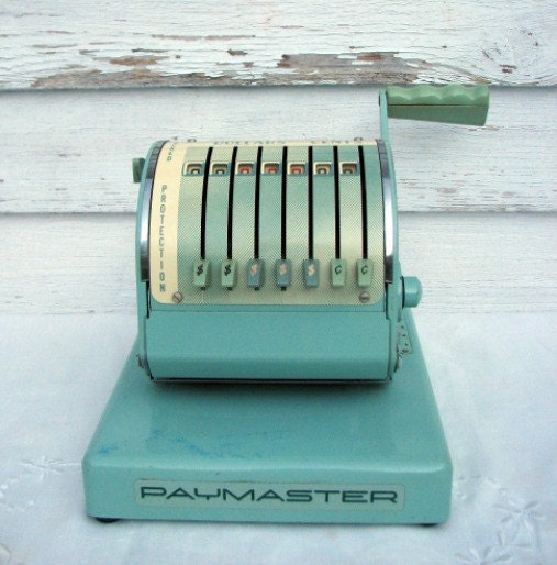 Vintage Teal Paymaster S-550 7 Column Heavy Duty Check Writer Front Page
