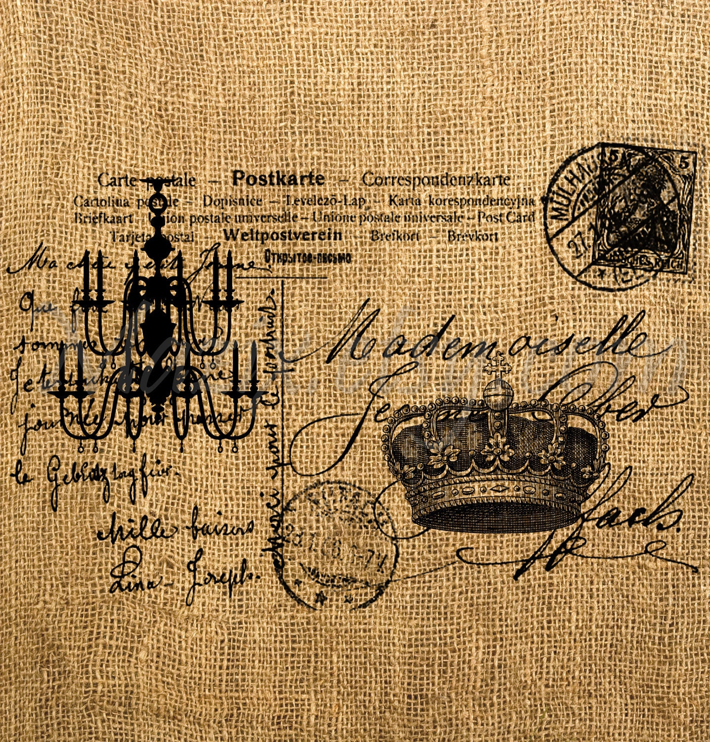 French Vintage Postcard  Crown Black Chandelier Digital Sheet Download Great For Image Transfer on Pillows, Tea Towels and more - Style.309