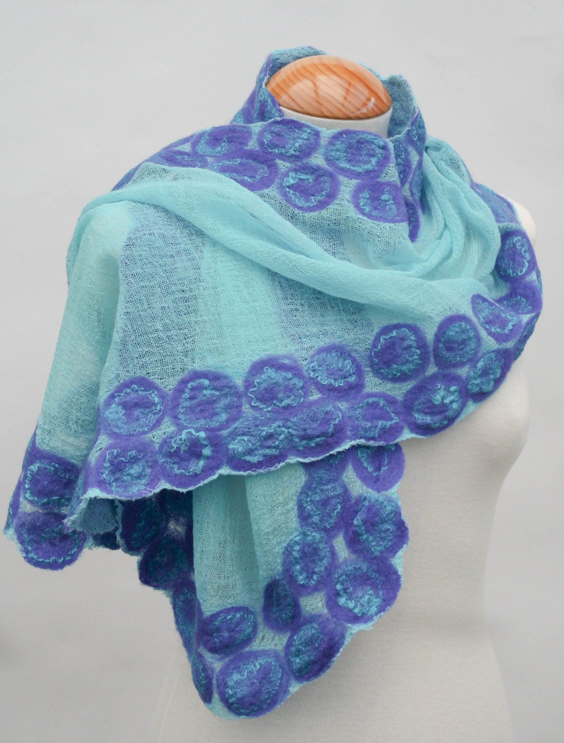Hand Dyed, Nuno Felt Scarf on Cotton, Vibrant Turquoise Silk with Purple