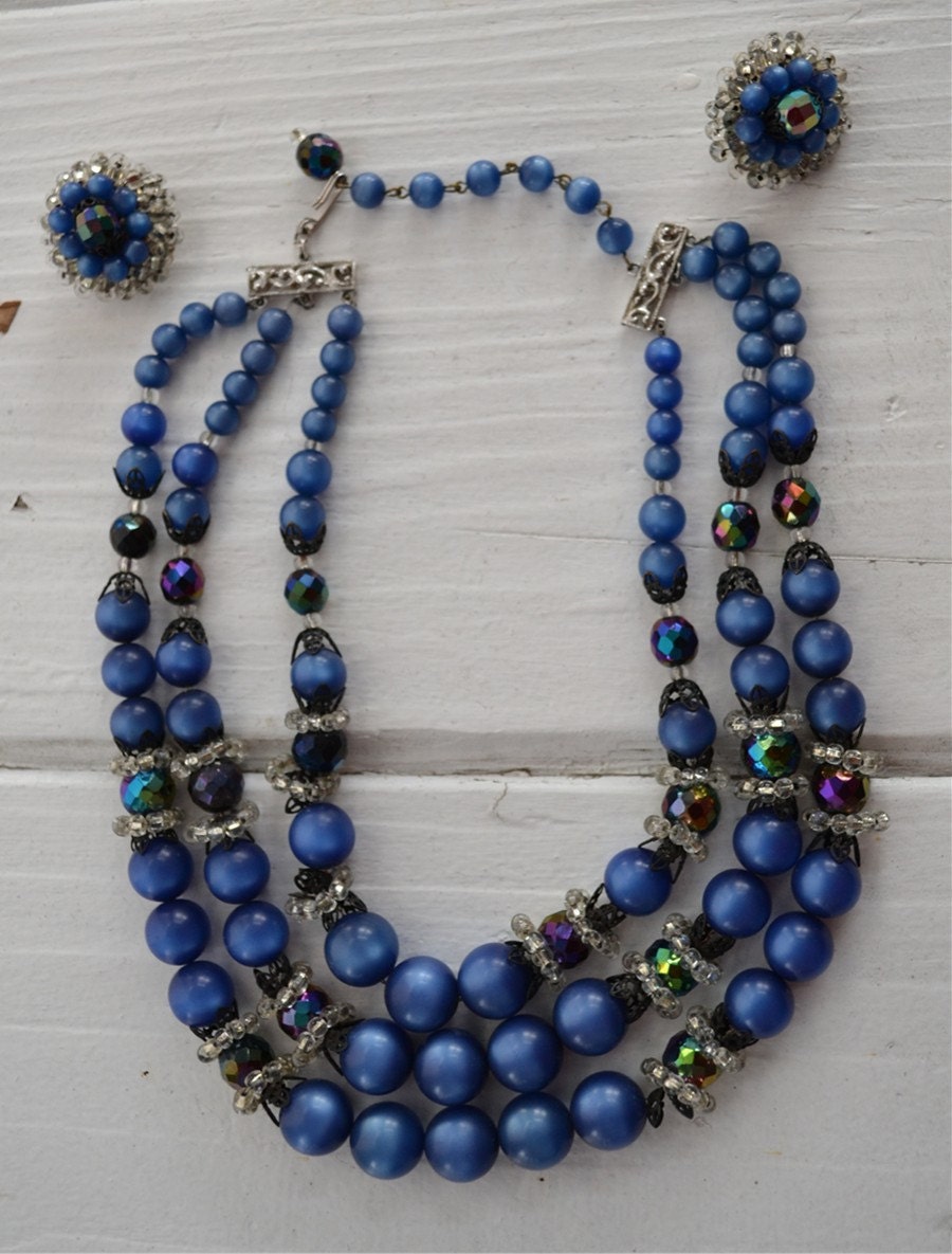Vintage Blue HOBE Necklace Earrings Demi parure . Lucite Crystal in Moonglow blue