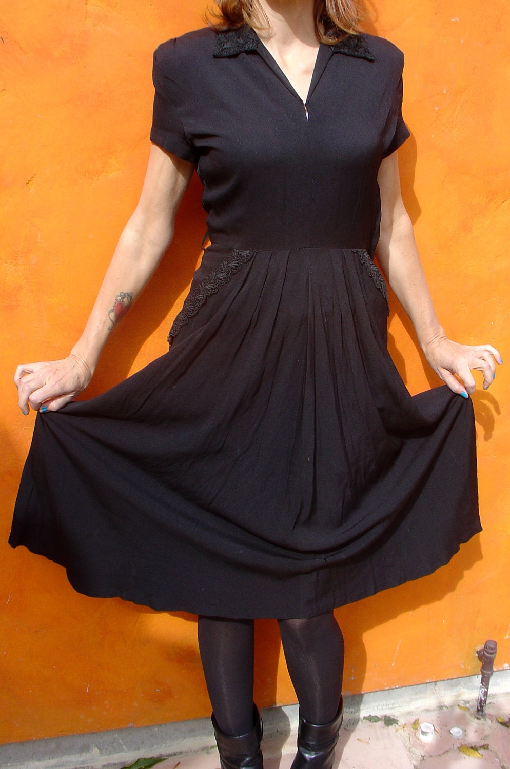 Vintage 40's WWII Women's Black Rayon Day DRESS
