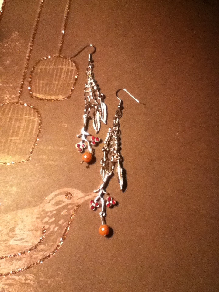 Cherry Blossom and Feather Dangle Earrings