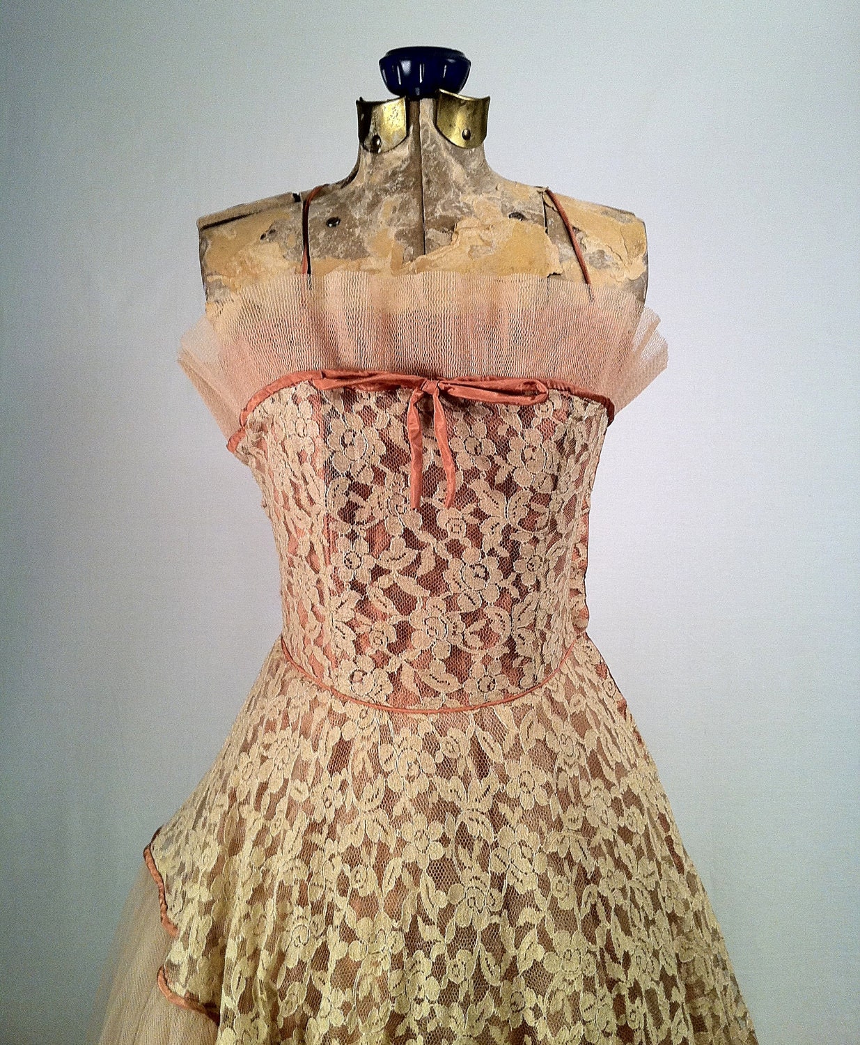RESERVED Vintage 1950s Coral Lace Gown with Bolero Jacket - Exquisite - Tulle - Lace - Full Skirt