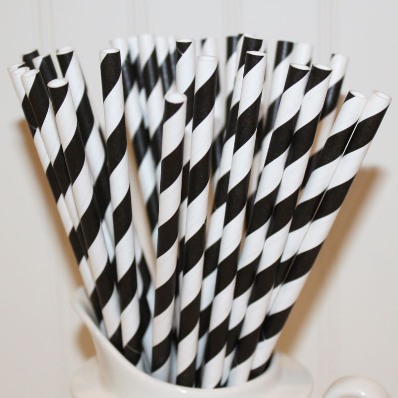 75 Black Striped Paper Straws with Blank Printable Flags, Wedding, Graduation, Party,  Made in USA