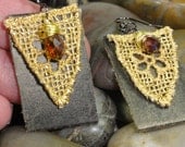 EARINGS - Repurposed Brown Leather Gold Lace Wire Wrap Topaz Swarovski Crystal Jewelry Earings - Free Shipping