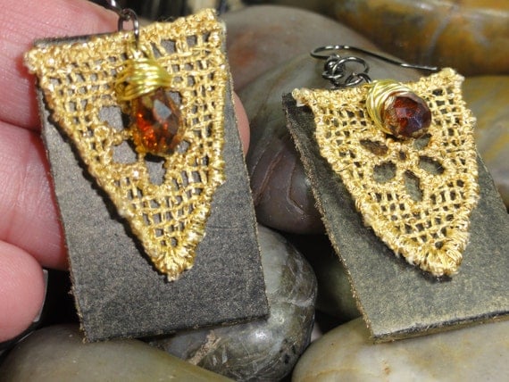 EARINGS - Repurposed Brown Leather Gold Lace Wire Wrap Topaz Swarovski Crystal Jewelry Earings - Free Shipping