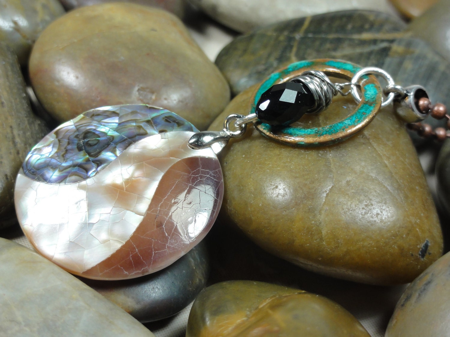 NECKLACE - Abalone Shell Copper Patina Circle Hoop Black Swarovski Crystal Silver Wire Wrap Pendant Jewelry Necklace
