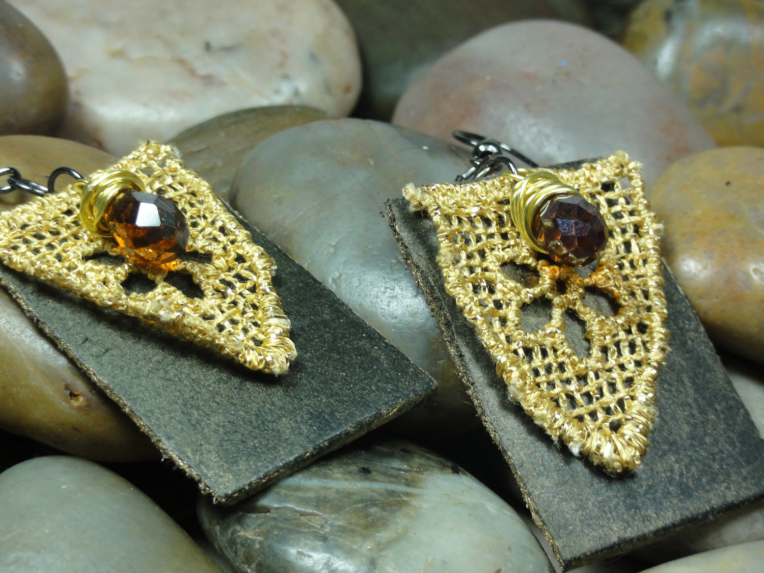 EARINGS - Repurposed Brown Leather Gold Lace Wire Wrap Topaz Swarovski Crystal Jewelry Earings - Free Shipping