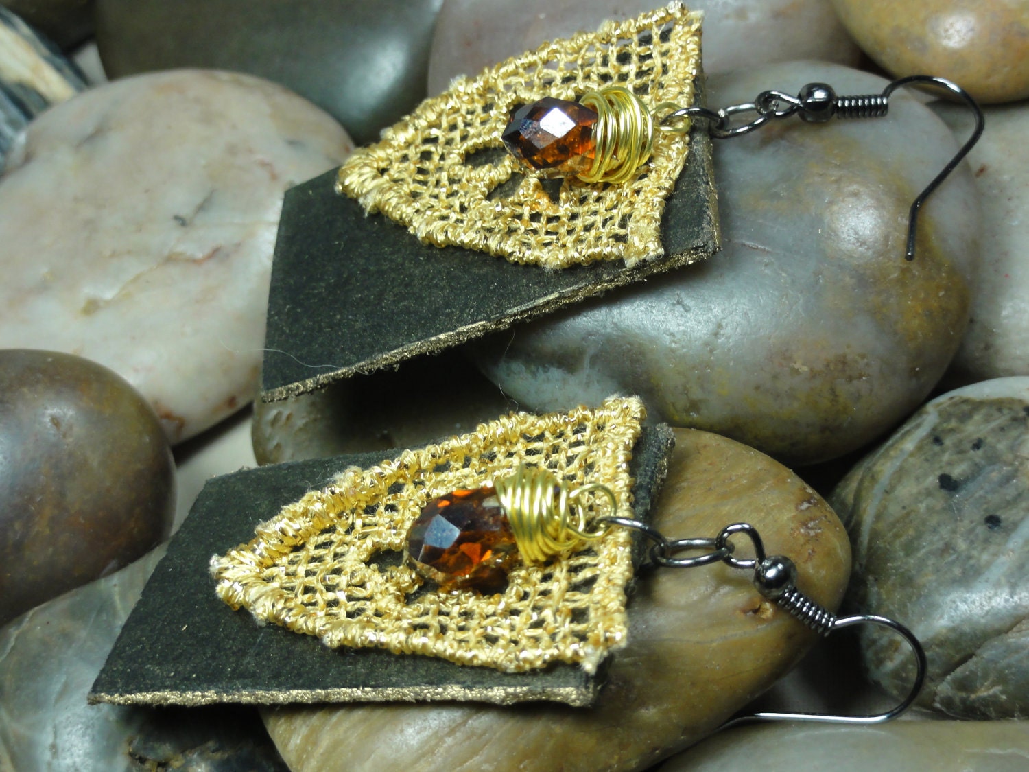 EARINGS - Repurposed Brown Leather Gold Lace Wire Wrap Topaz Swarovski Crystal Jewelry Earings - Free Shipping