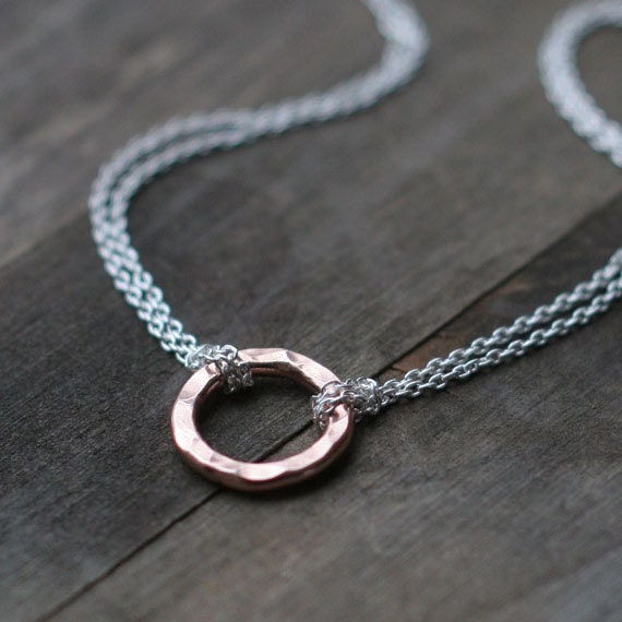 Rose Gold Eternity Necklace - Hammered Pink Gold Circle with Sterling Silver Chain - Simple Rose Gold Jewelry