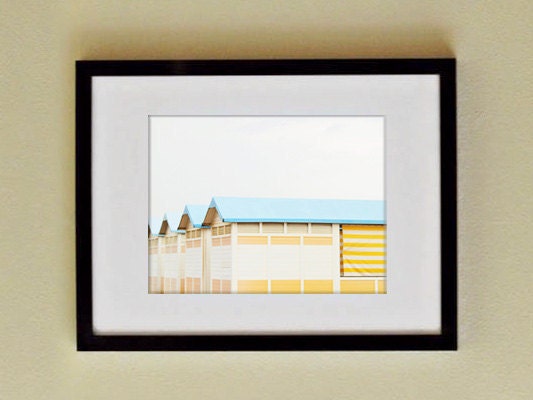 Yellow Beach Huts. Fine Art Photography. Lido Beach-Hut. Venice Italy. Mint Teal Rooftops. Yellow Stripes. Spring Decor. Size A4