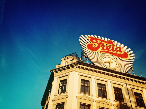 Oslo Vintage Sign. Norway Photo. Fine Art Photography. Home Décor. Wall Art. Red Yellow. Blue Skies. Size A4