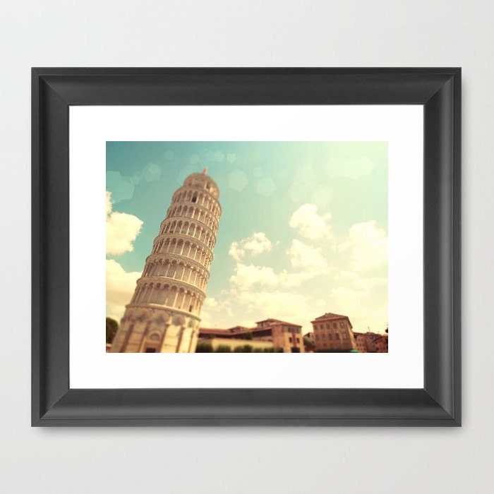 Italy Photo. Fine Art Photography. Leaning Tower of Pisa. Spring Photo. Home Decor. Wall Art. Turquoise Teal Sunny Clouds. Size A4
