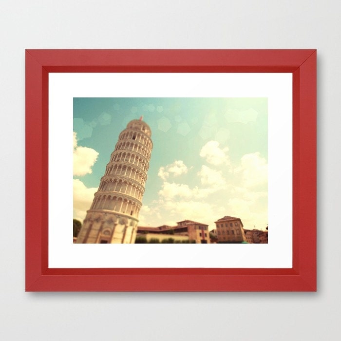 Italy Photo. Fine Art Photography. Leaning Tower of Pisa. Spring Photo. Home Decor. Wall Art. Turquoise Teal Sunny Clouds. Size A4