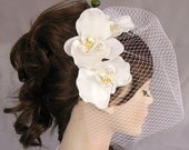 Bridal Fascinator with Birdcage Veil, Orchid Flower Decorated Head  Piece for Beach  Weddings. Handmade. unique design