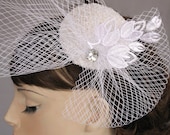 Bridal Mini Hat Fascinator - Weddings Head Piece with Birdcage Veil Rhinestone Accent. Handmade and OOAK