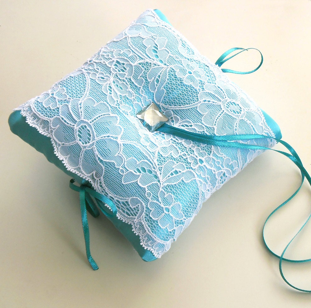 Weddings Ring Bearer Pillow - Turquoise Bridal, Baby Shower Cushion. Handmade