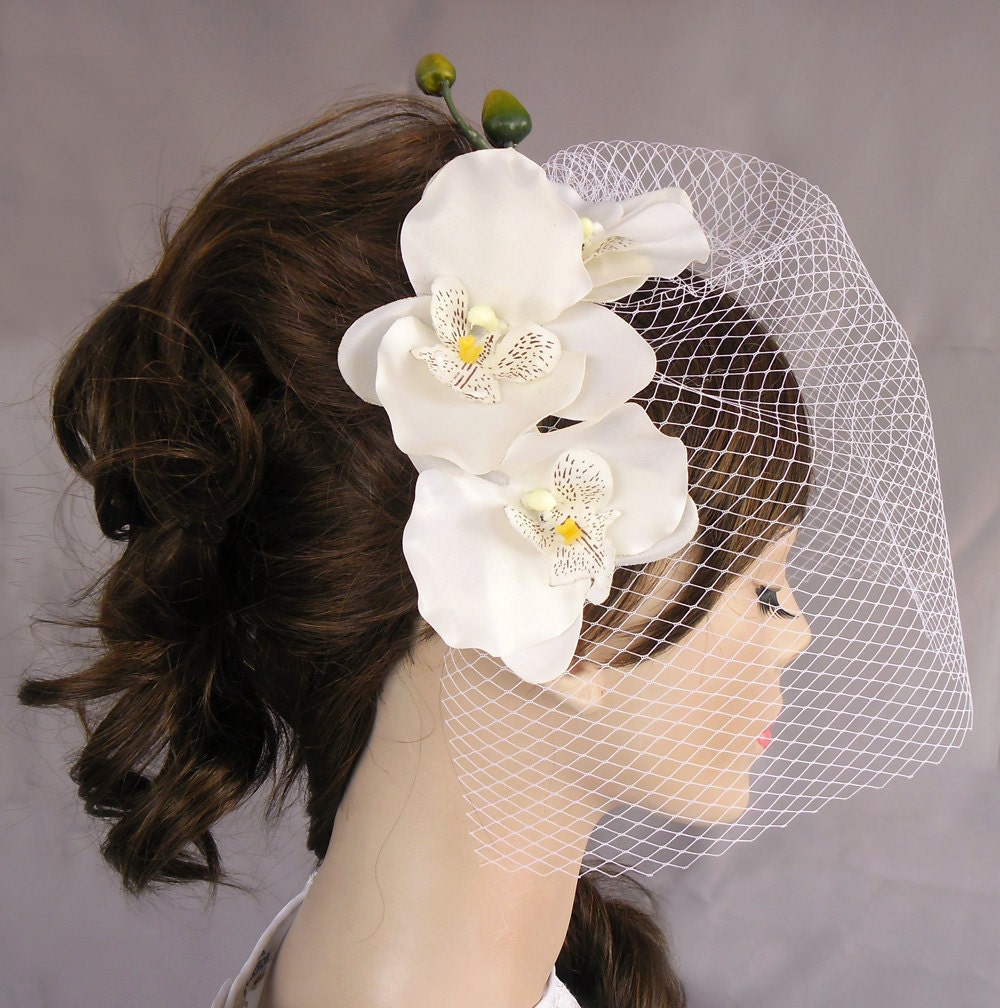 Bridal Fascinator with Birdcage Veil, Orchid Flower Decorated Head Piece for Beach Weddings. Handmade. unique design