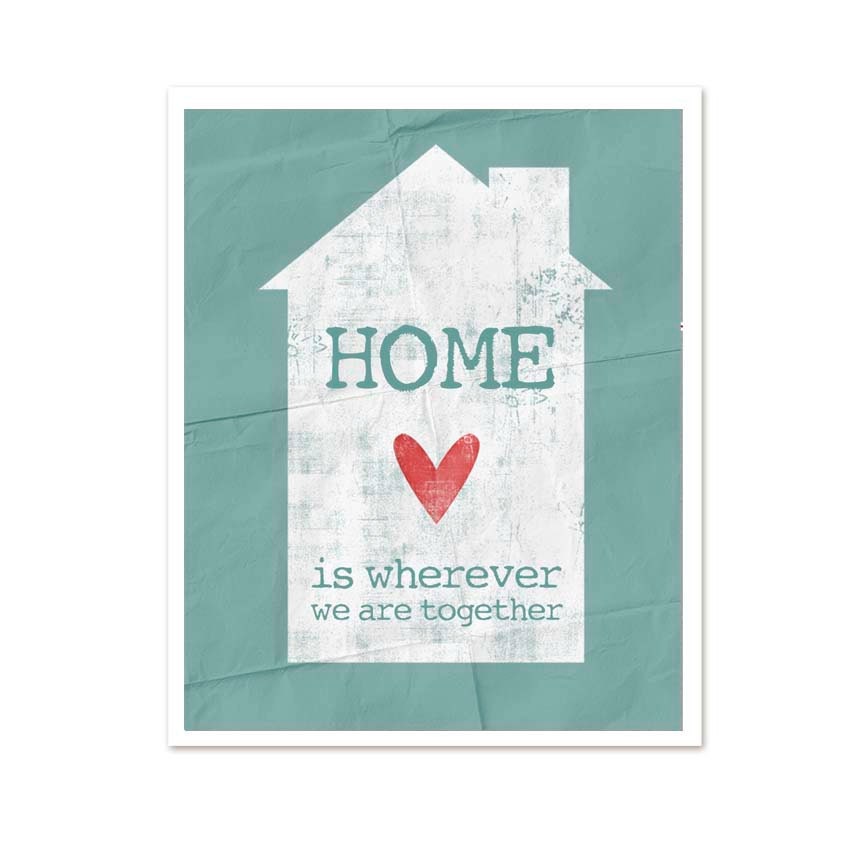 Home Together - Modern Original Art Print - In Distressed Aqua Teal Blue - 8x10 Gifts Under 20
