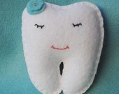 Mini Tooth Fairy Pillow shaped like a little tooth--white, teal, blue
