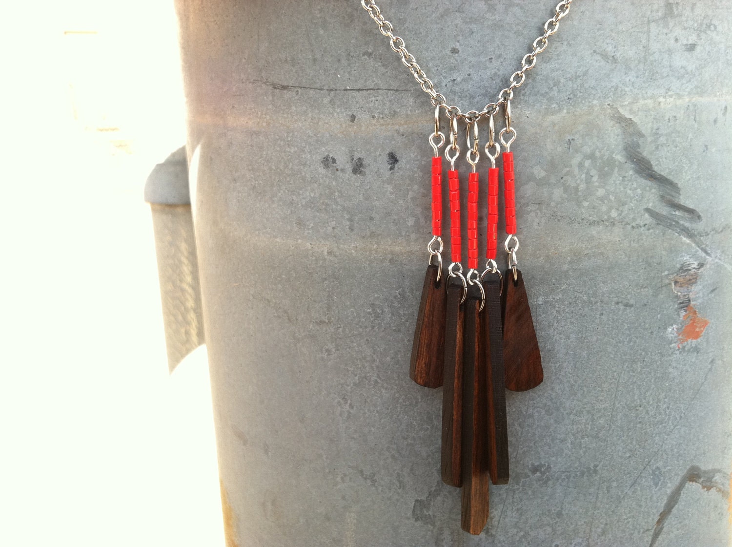 Wood and Bead Necklace made with reclaimed Acacia