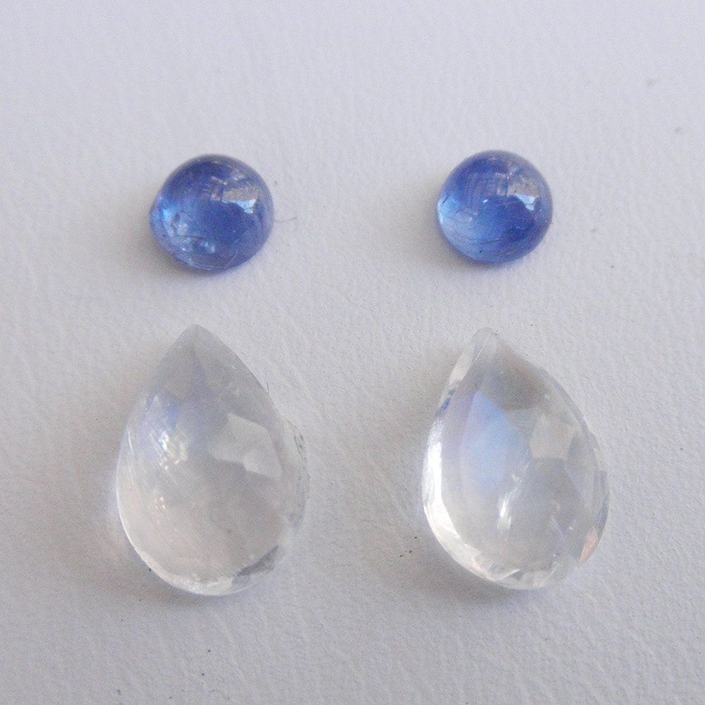 Rainbow Moonstone rose cut teardrops & sapphire cabochons Made to order earrings Handmade Bezel