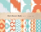 Ikat Vol. 1 in Orange and Aqua. 12x12. Mod Digital Printable Paper Pack.