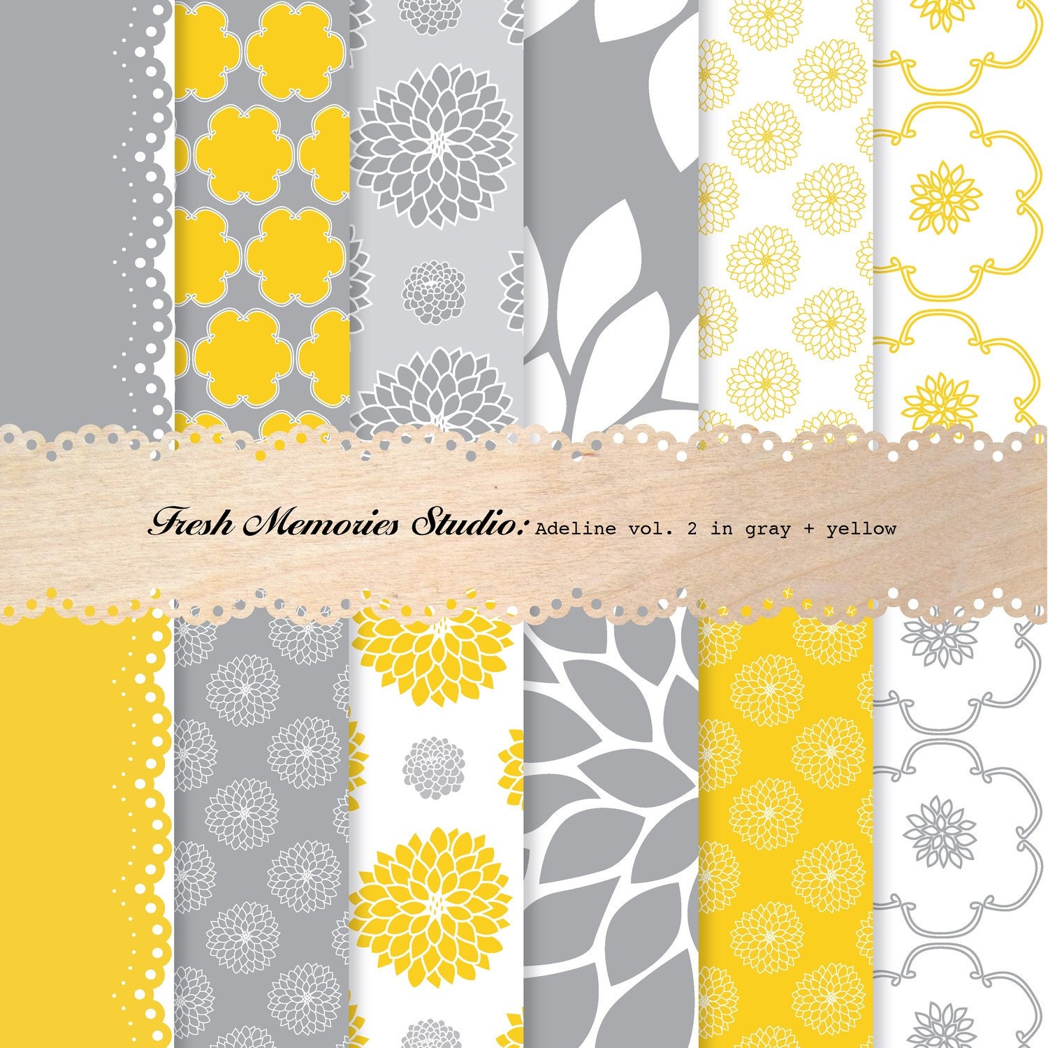 Adeline Vol. 2 in Gray and Yellow. 12x12. Modern Digital Printable Paper Pack.