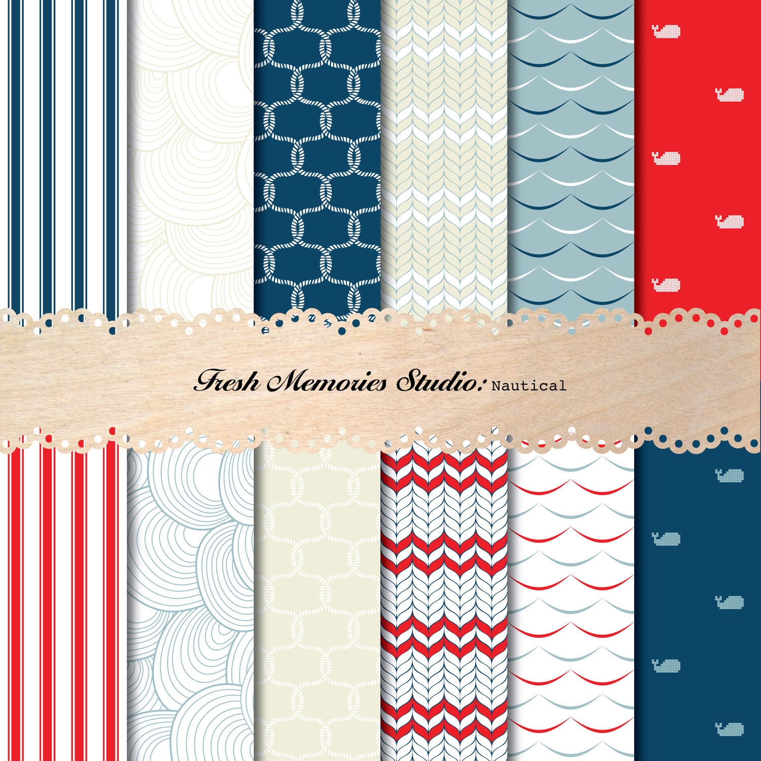 Nautical Collection in Navy, Red, Tan, Light Blue. 12x12. Modern Digital Printable Paper Pack.