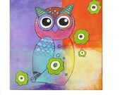 Colorful Owl - Custom Canvas Painting - Wall Hanging - Baby Shower - Baby Girl Nursery Painting