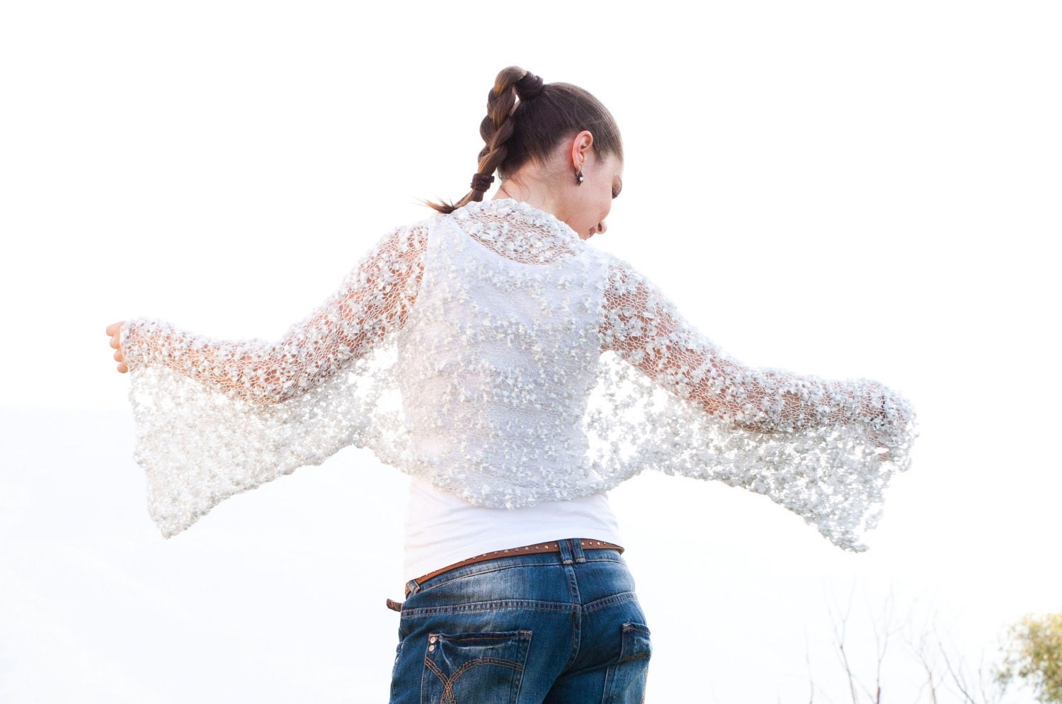 Hand Knit Wedding Shrug/ Knitting Shawl White Summer Shrug, MIDSUMMER, Boho, Heavenly Wedding Accessory, Handmade Bridal By Solandia