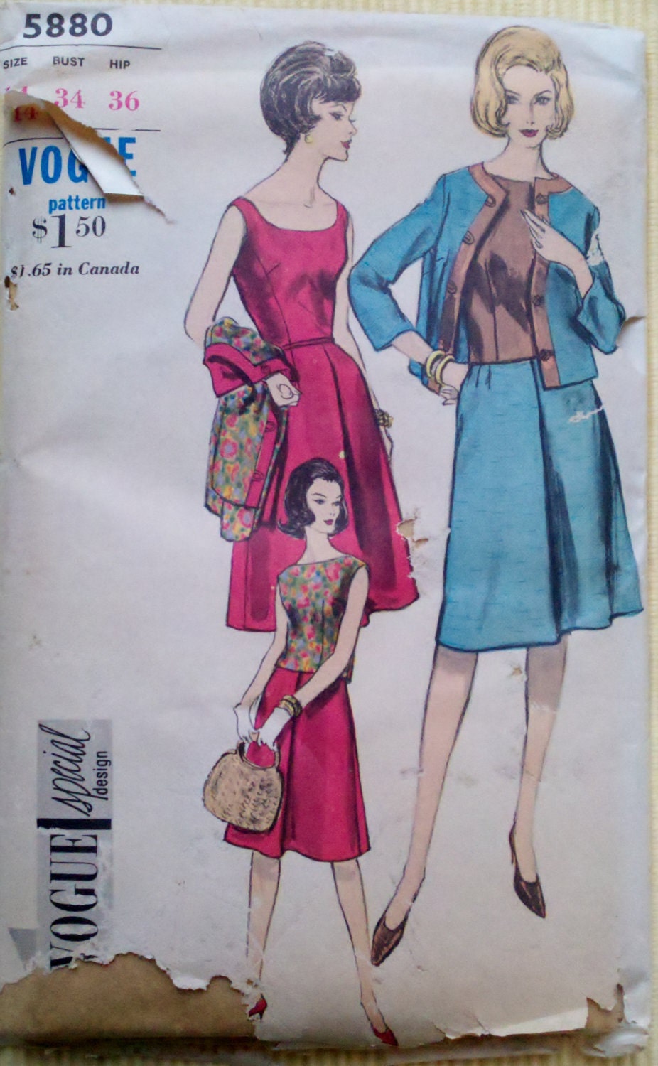 Vogue 5880 Vintage 1960s Women's Mad Men Sleeveless Front Pleat Dress, Overblouse and Box Jacket UNCUT Size 14 Bust 34"