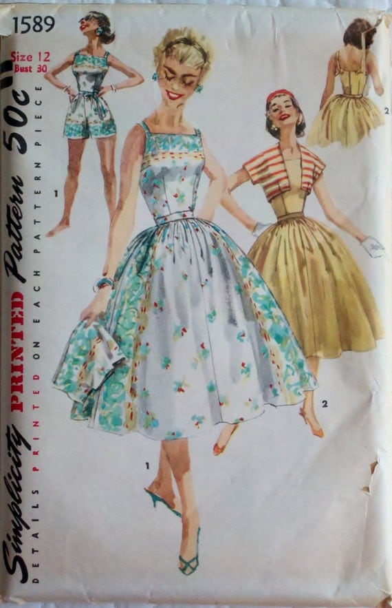 1950's Vintage Sewing Pattern Misses' One-Piece Playsuit, Skirt & Jacket - Size 12 Bust 30" Simplicity 1589