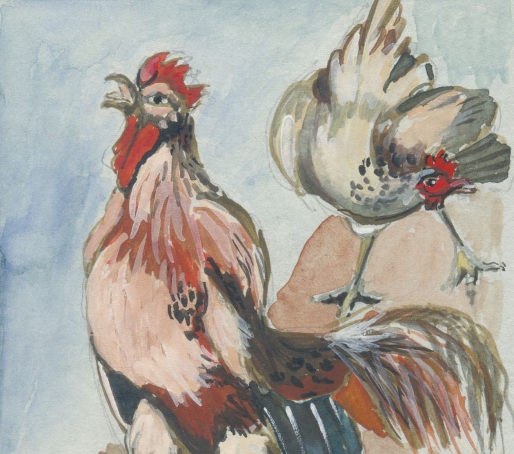 Rooster and Hen - folk art -  original watercolor painting - animal  portrait