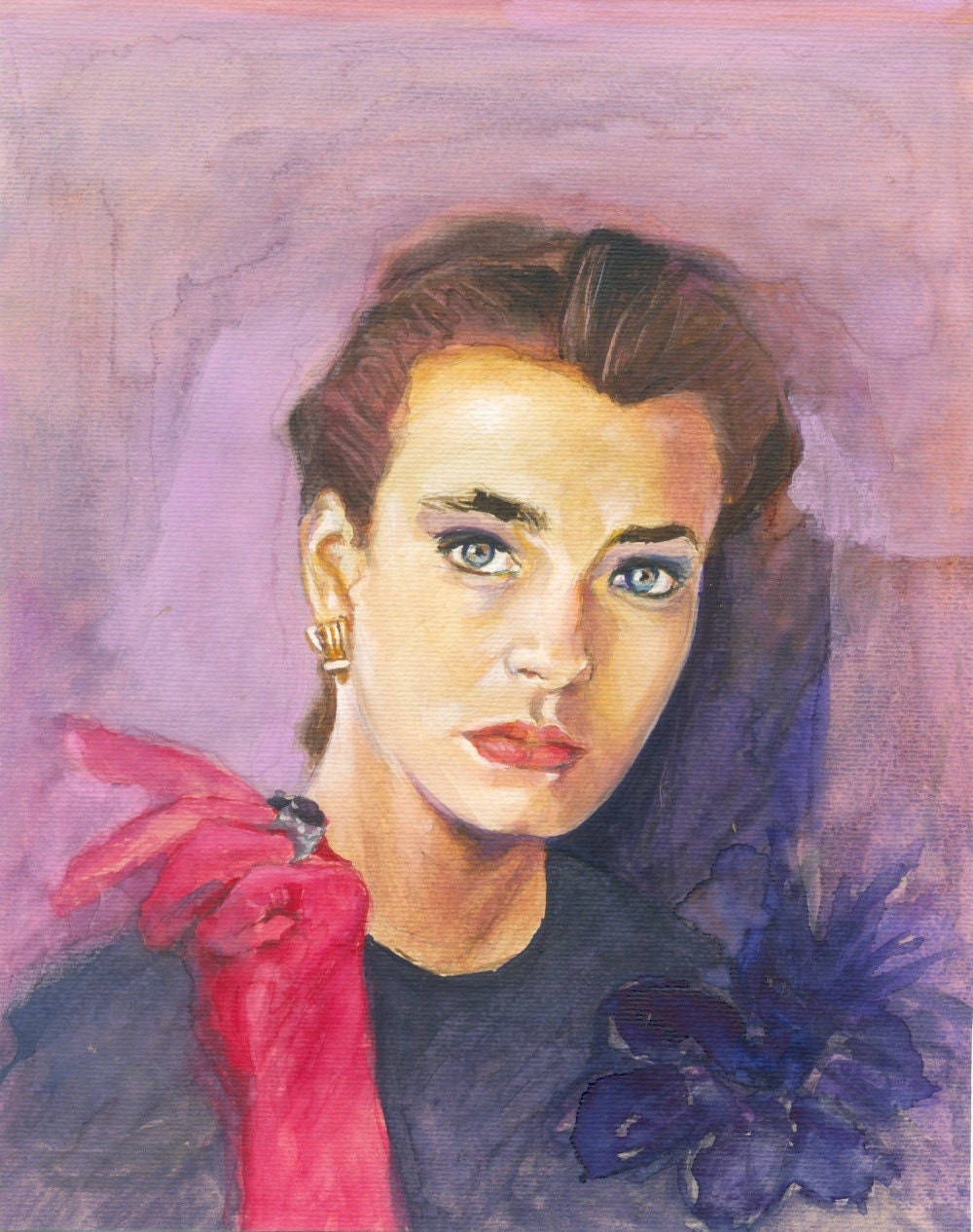 Portrait Painting - Lavender Girl - original gouache painting- Fine Art - portrait- purple pink - OhLaLaGalerie