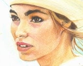 Woman in a Hat - original painting watercolor - gouache - fine art -  spring summer - pale blue -  bright
