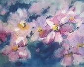 Still life, floral, pink, flower, blue, Cosmo flowers.Sale.Now 30% off- Taking a Break- Original Watercolor Painting 6" x 9.5".SALE.