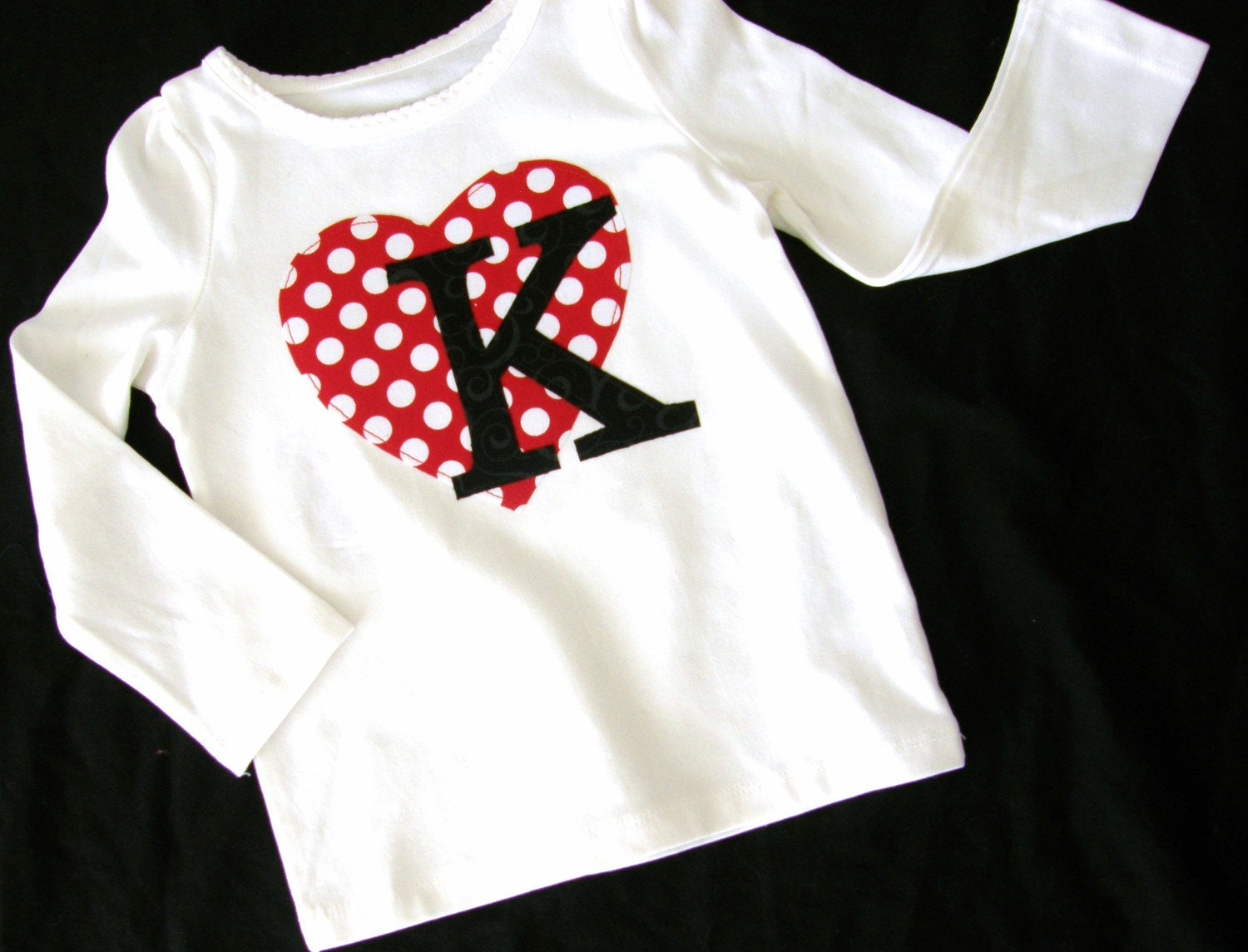 Girls, baby, toddler shirt with personalized birthday number or Valentine initial on polka dot heart applique sizes girls NB - 16