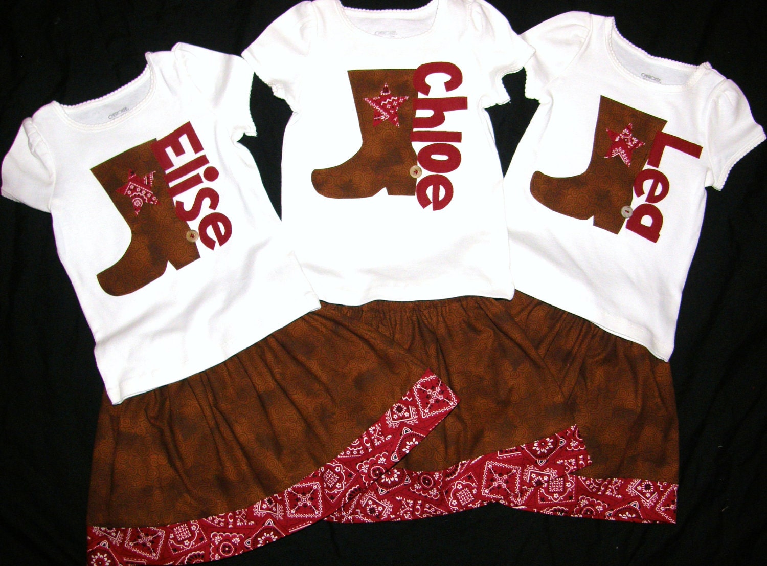 Adorable 3 Piece Outfit - Cowgirl skirt with red bandana border, shirt with cowbow boot personalized, and bow - sizes NB - 16
