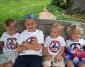 Girl or boy, SHIRT - patriotic flag peace sign red, white, blue applique sizes NB to size 16 -  fun for fireworks