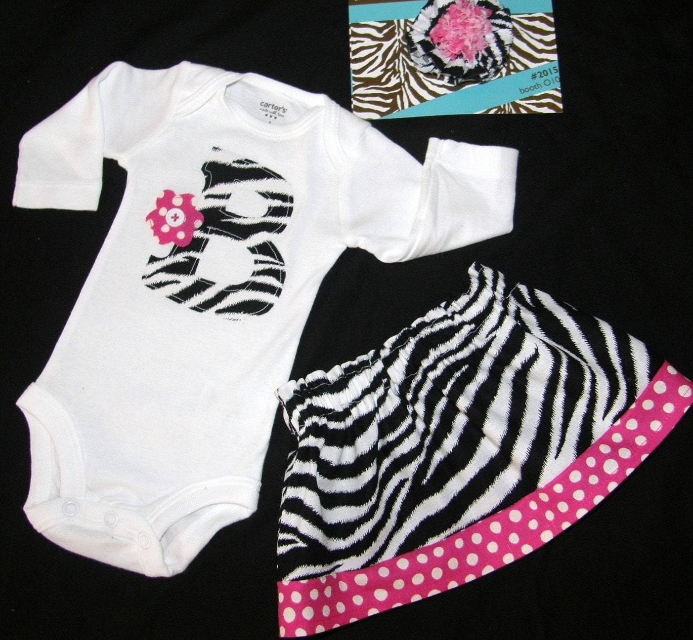 Trendy, fun, zebra baby gift - onesie with zebra personalized number or initial applique, zebra skirt and bow in sizes NB - 24m