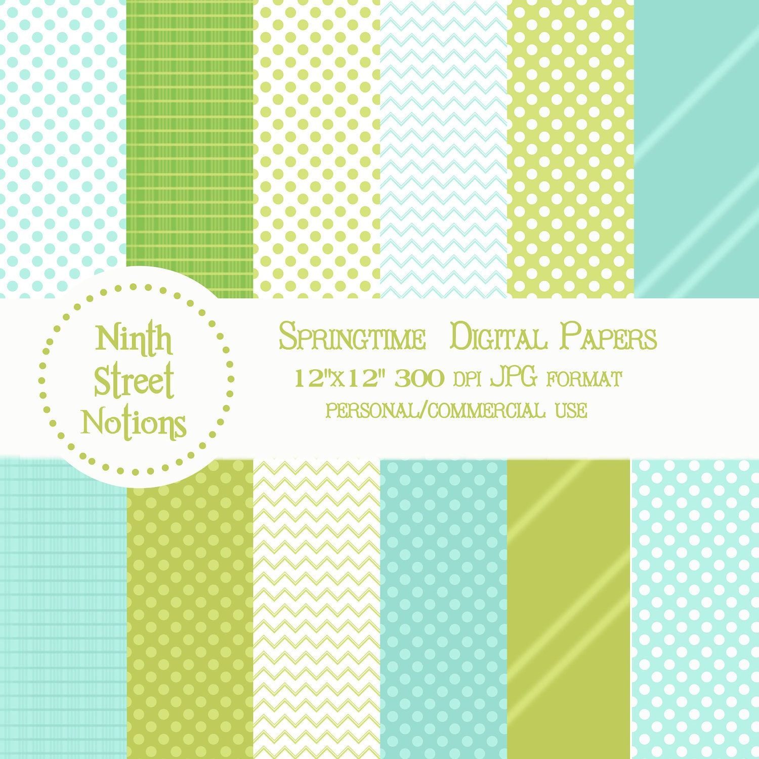 Digital Scrapbook Paper in Teal and Green Mixed Patterns - for invitations, blog design, photographers