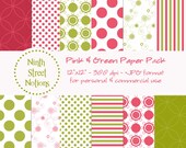 Pink and Green Patterned Digital Scrapbook Papers 12x12 - for invitations, blog design, photographers