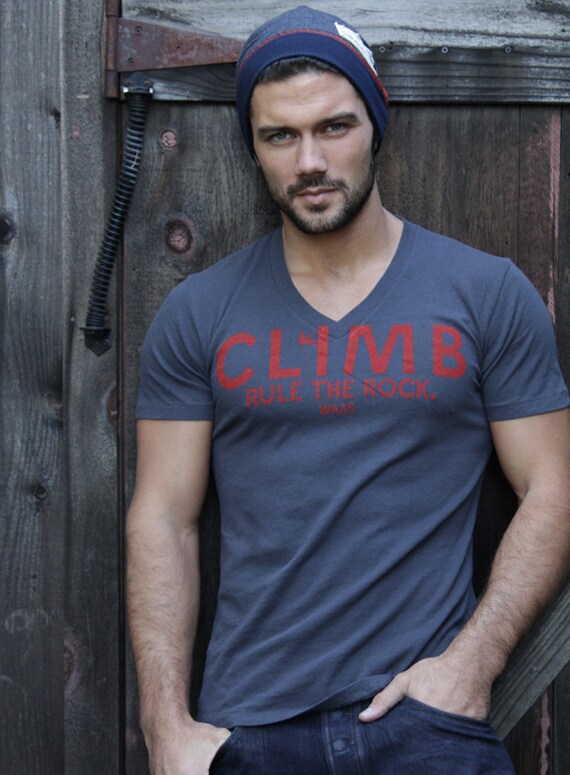 SALE Mens tshirt: gray vneck with rock climbing inspired print by We Are All Smith