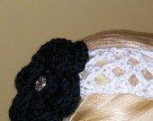 SALE - White headband with Black Flower and rhinestone button - girls/ladies