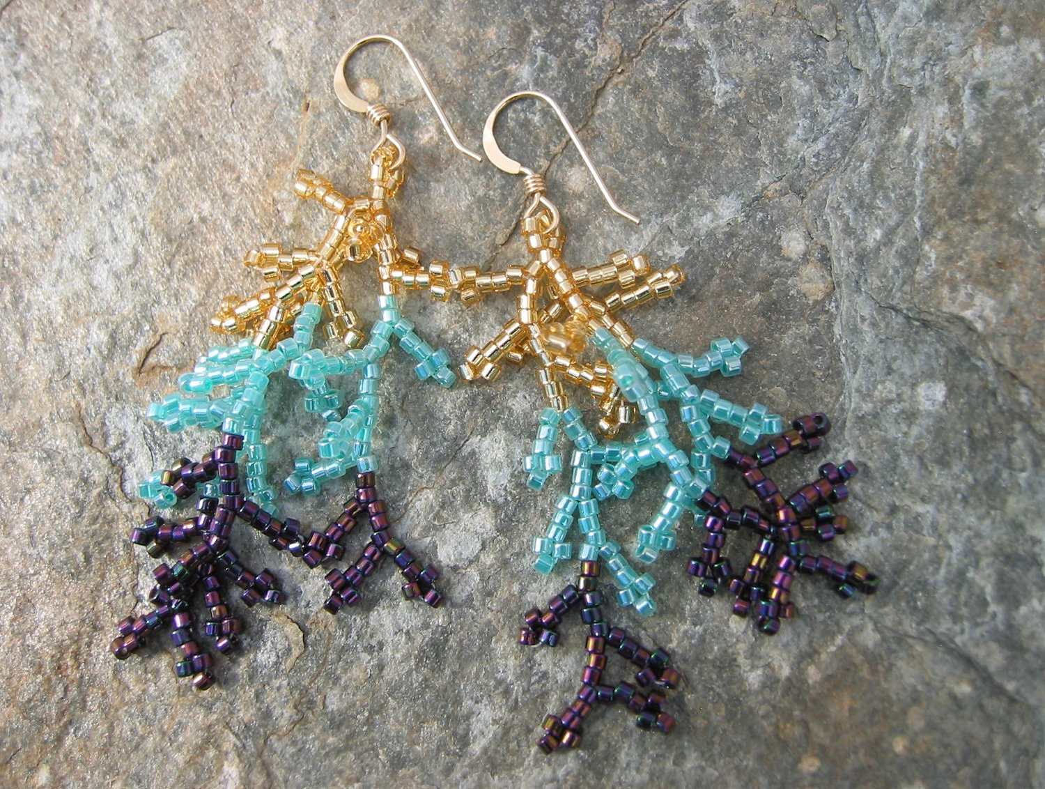 Made-to-Order Earrings in Purple, Aqua, and Gold Seed Beads
