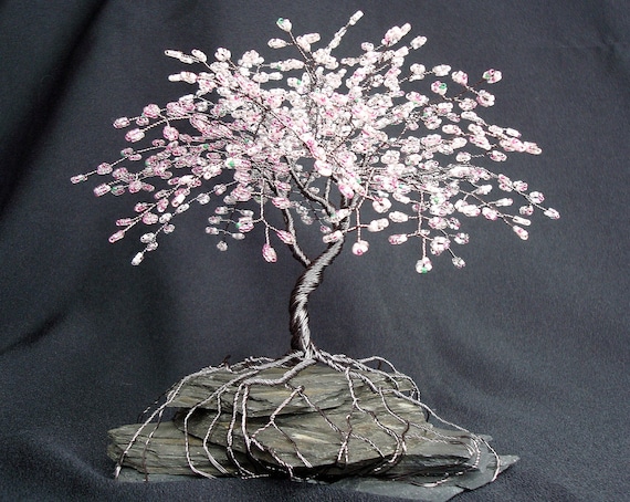 Cherry Blossom Beaded Bonsai Wire Tree Sculpture by CassandraZ
